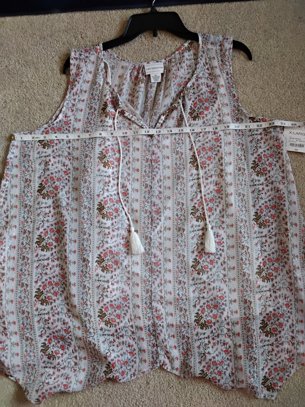 Liz Claiborne Sleeveless Floral Top with Tassel Tie and Camisole - White - Picture 7 of 7